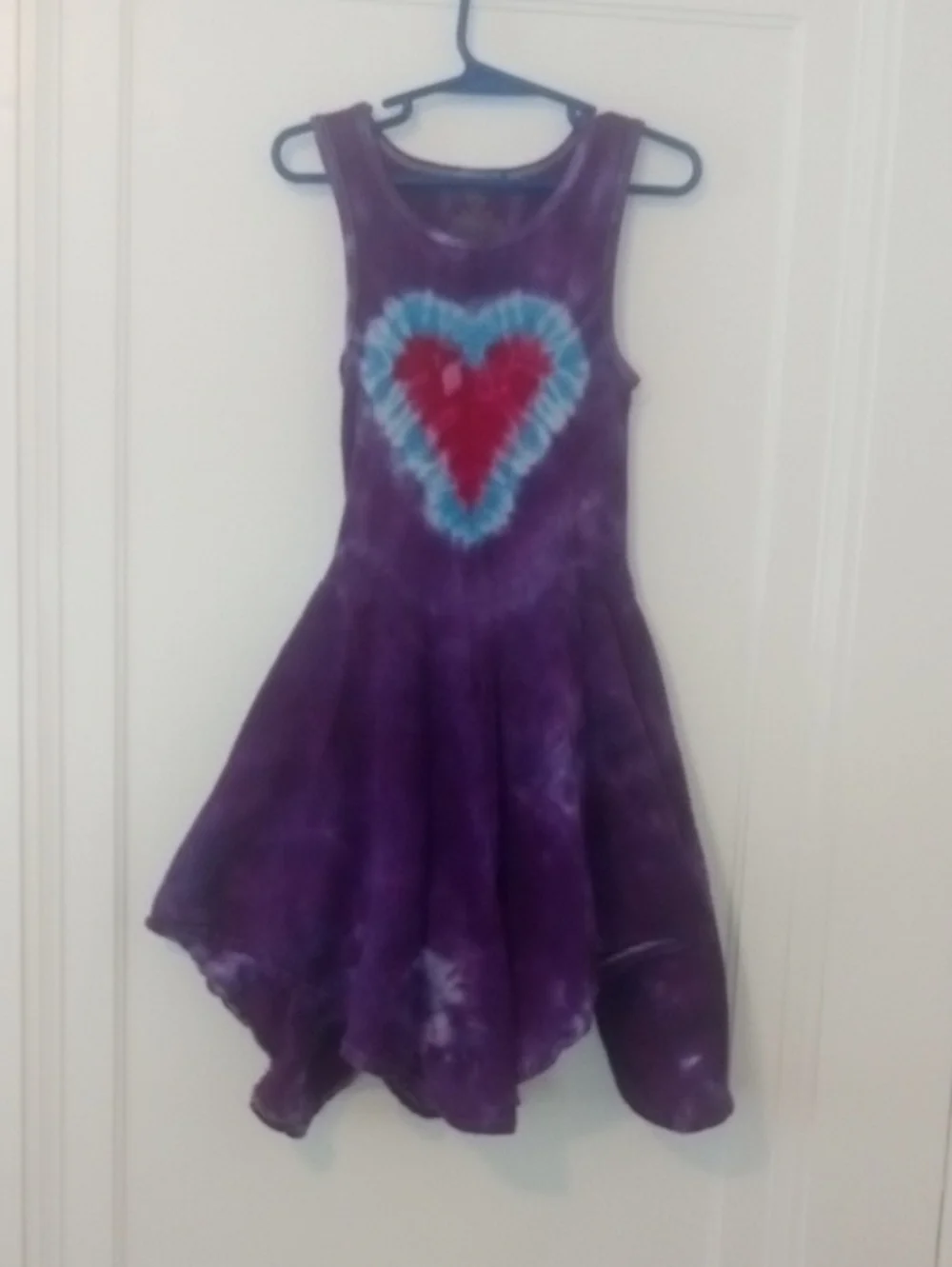 girl 6 purple ribbed tie dye dress heart design, asymmetrical hem